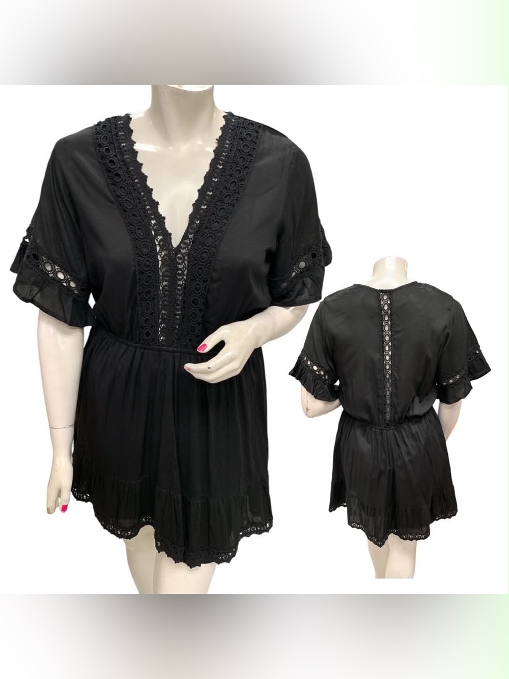 Raviya Black Crochet-Trim V-Neck Mini Dress Size L
